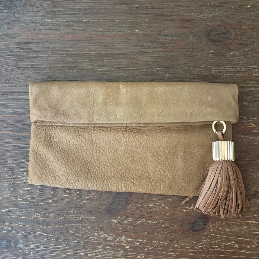 India Hicks Carmen Leather Fold Over‎ Clutch Leather Tan Beige Neutral
